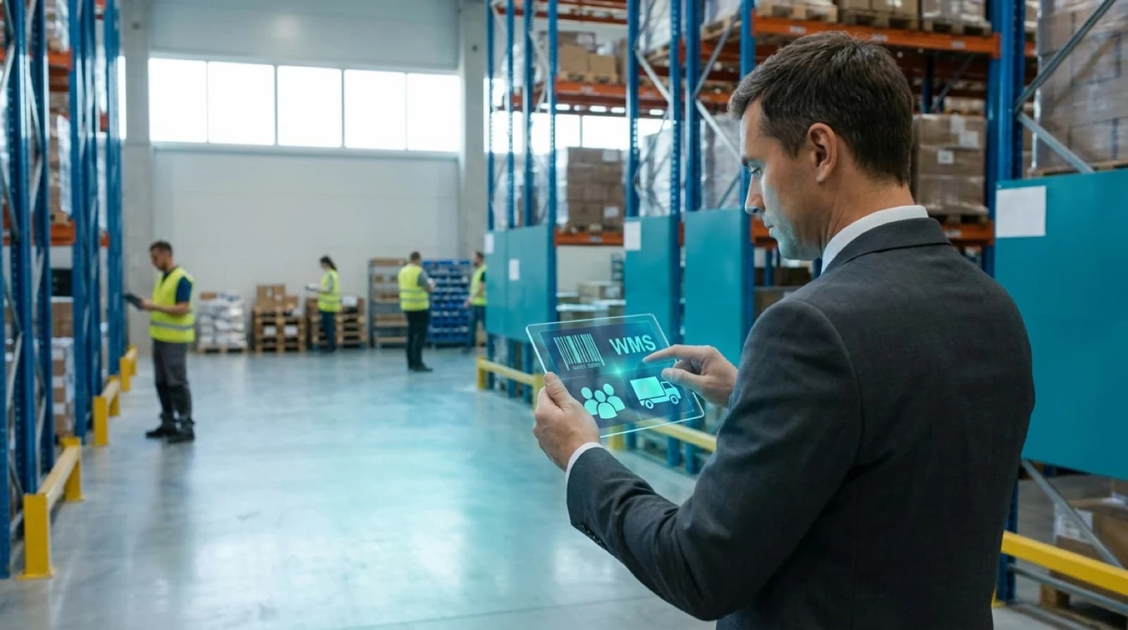 person in suit with a screen overlay of the words WMS, barcode, people and a truck