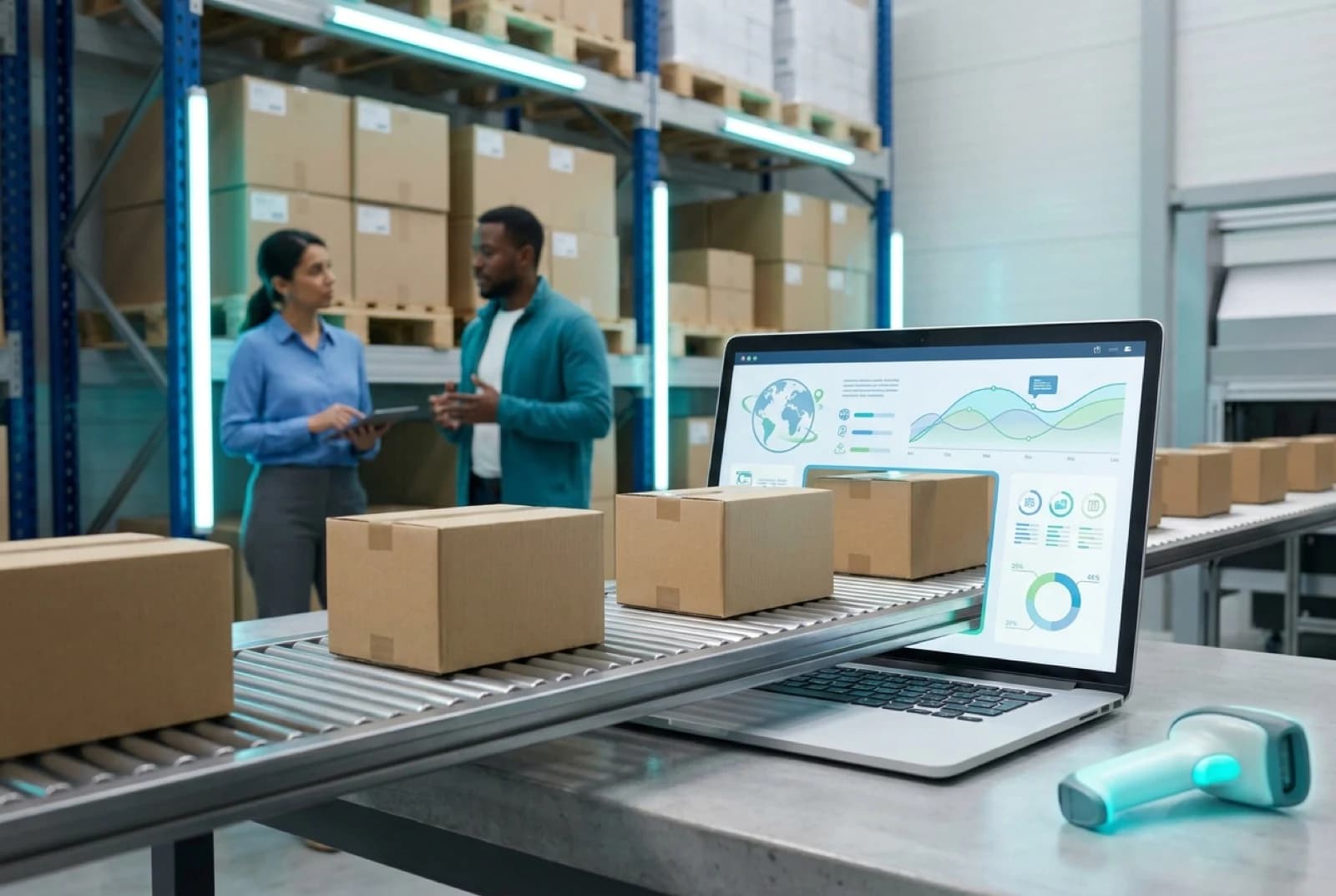 Conveyor belt with cardboard boxes emerging from laptop screen showing warehouse logistics
