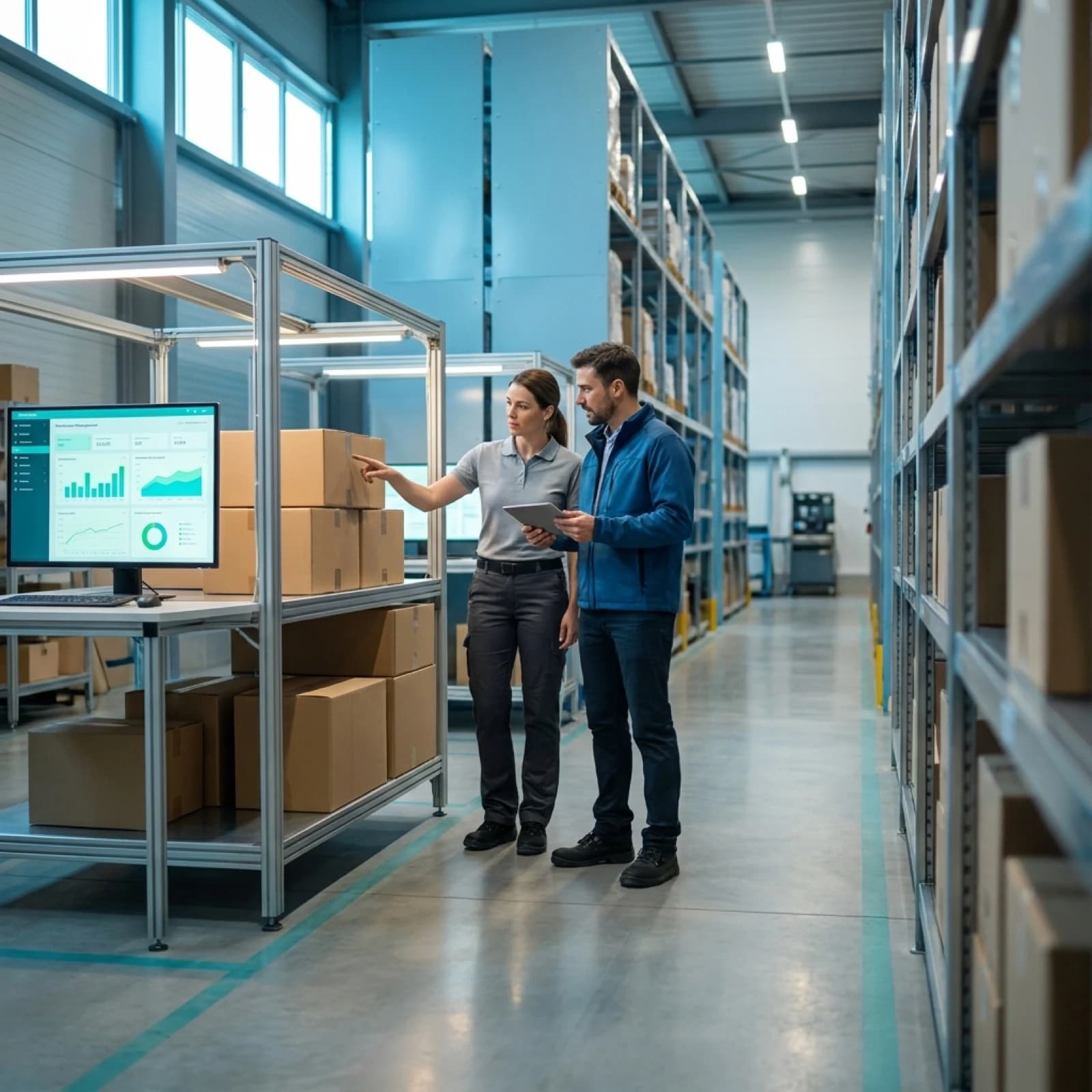 Warehouse workers reviewing inventory next to palletized cardboard boxes on shelving racks