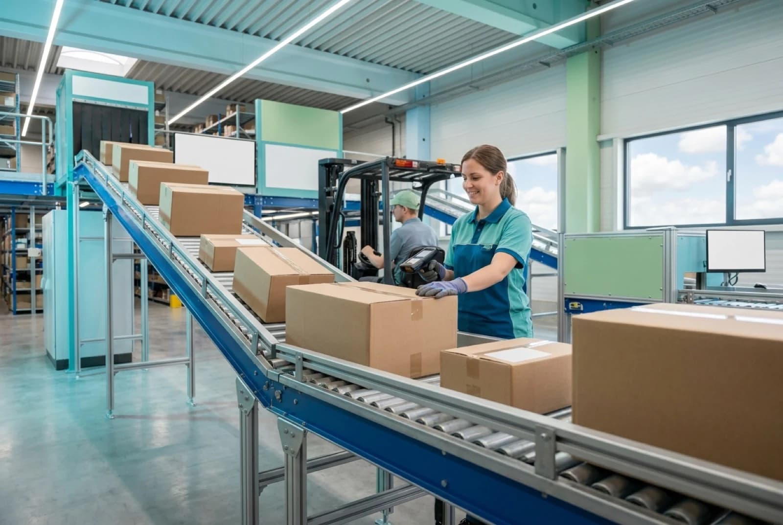 Cardboard packages moving along conveyor belt in Amazon fulfillment warehouse facility