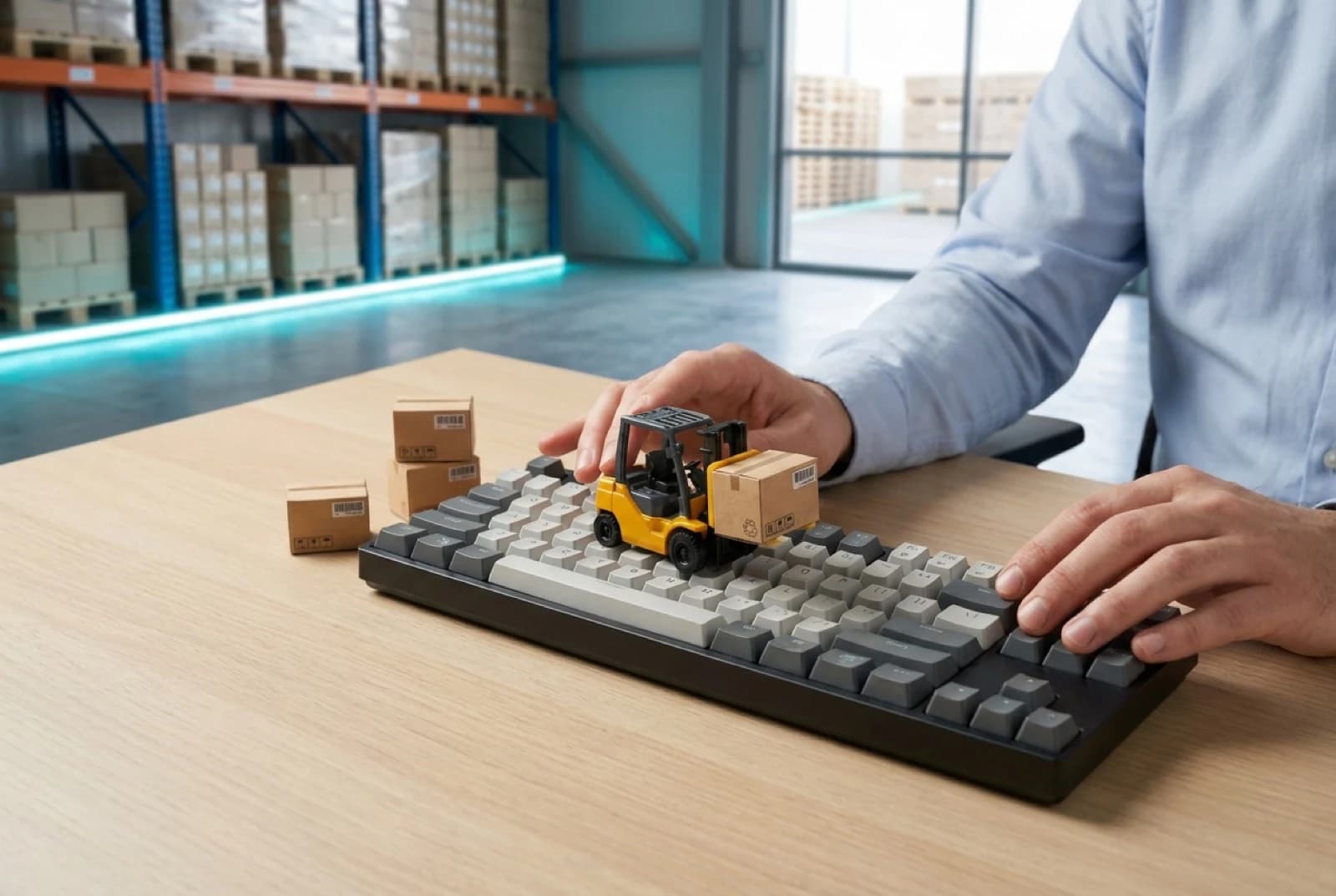 keyboard with a mini forklift and boxes on top