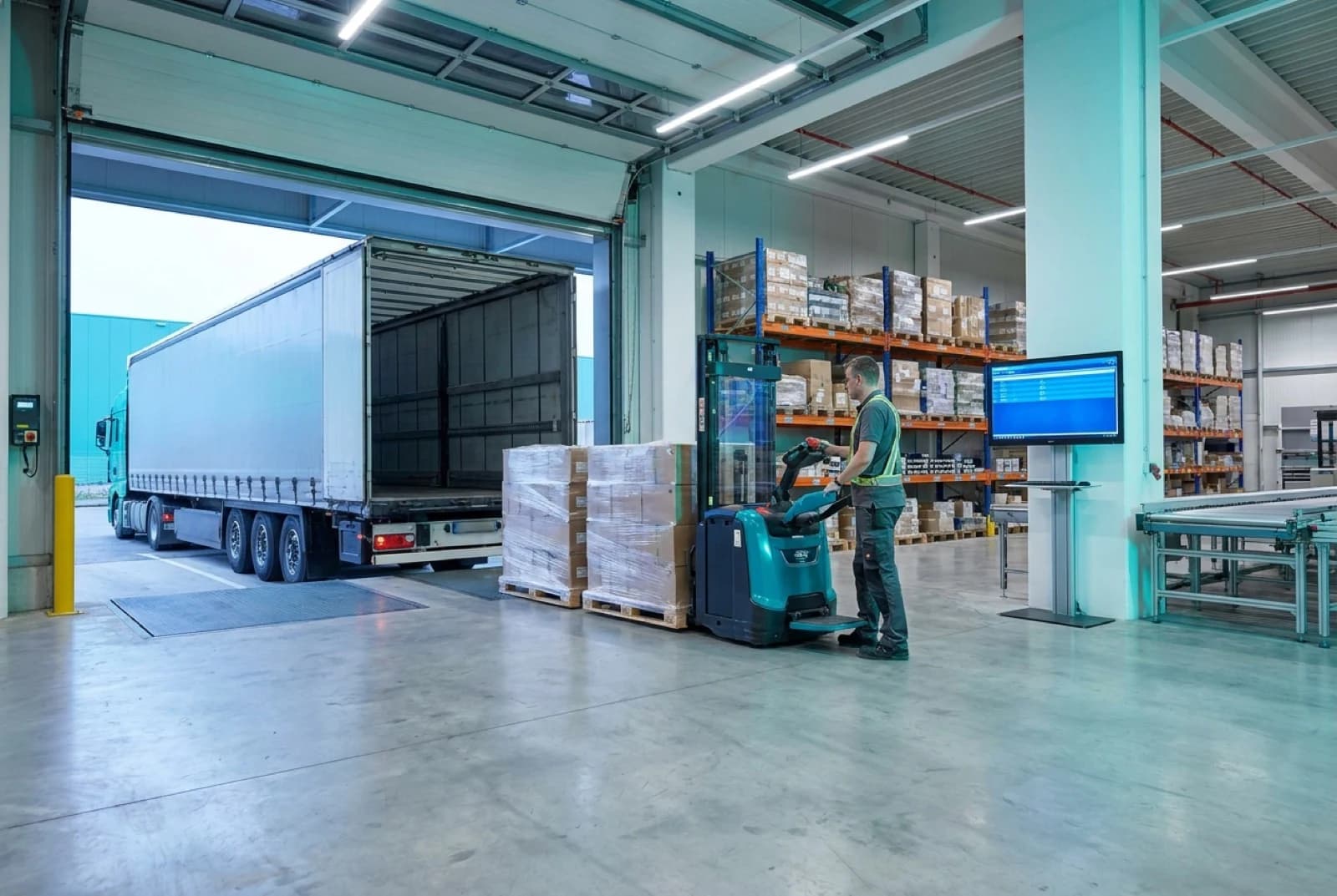 pallet truck loading items into a truck at warehouse dock