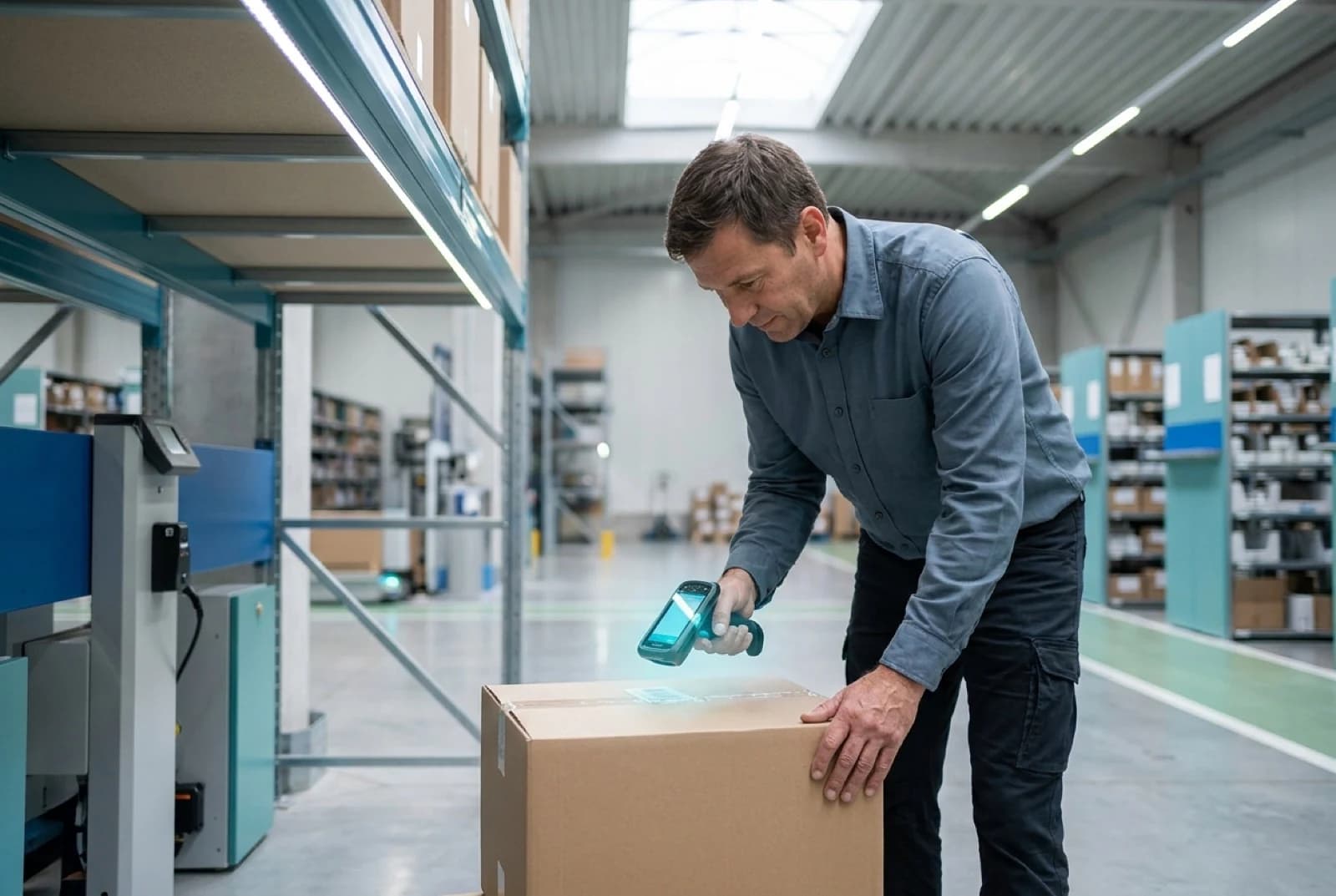 man scanning a barcode on a box in a warehouse