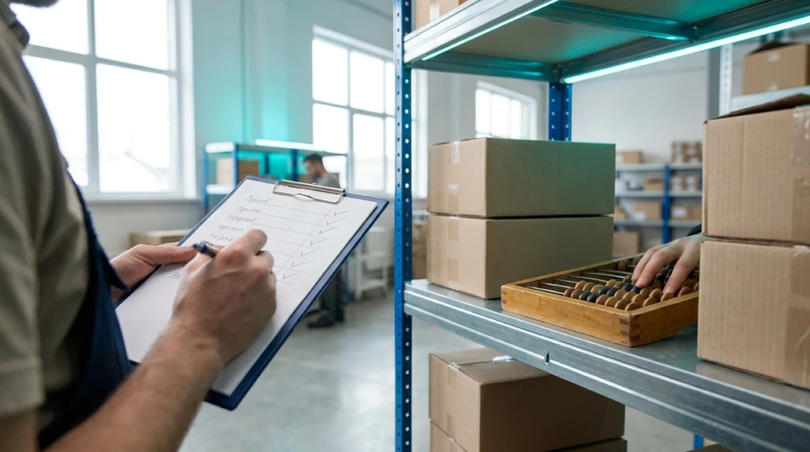 Inventory clip board with check marks, an abecas, and a shelf full of boxes