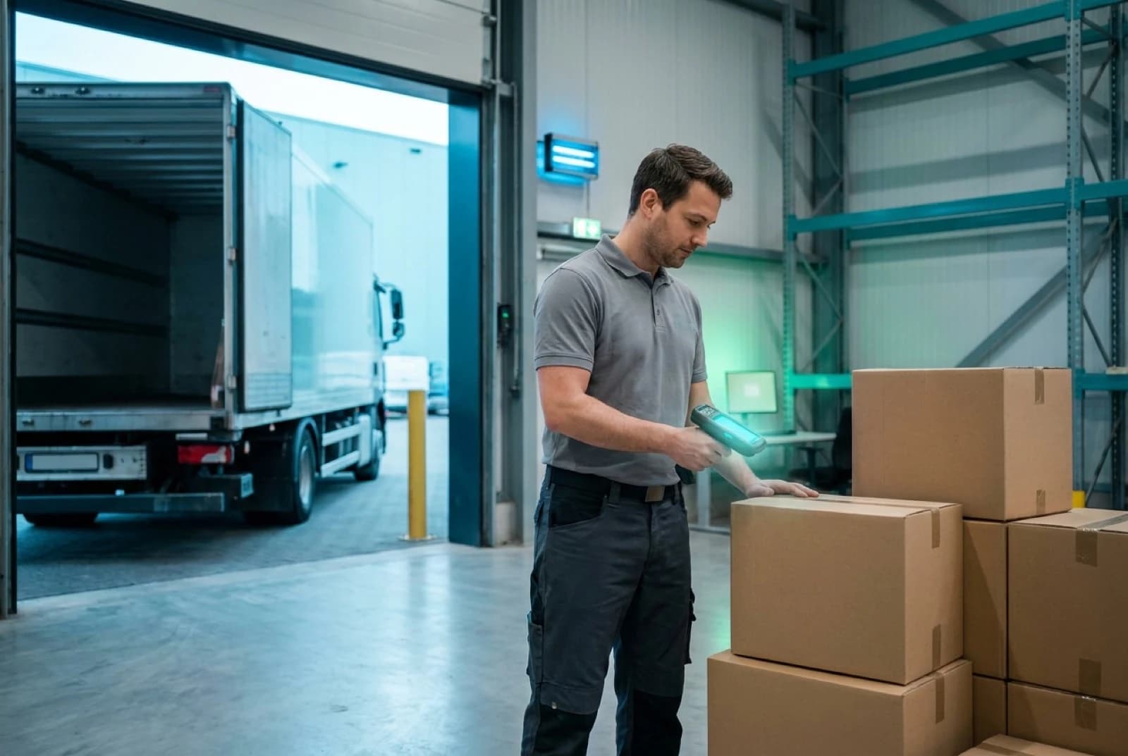 Loading dock with delivery truck and stacked boxes for efficient warehouse shipping operations