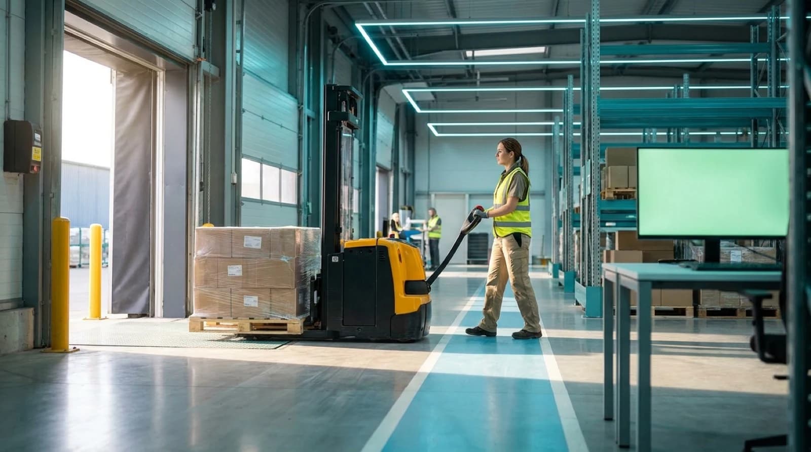 forklift with a pallet at a warehouse loading dock