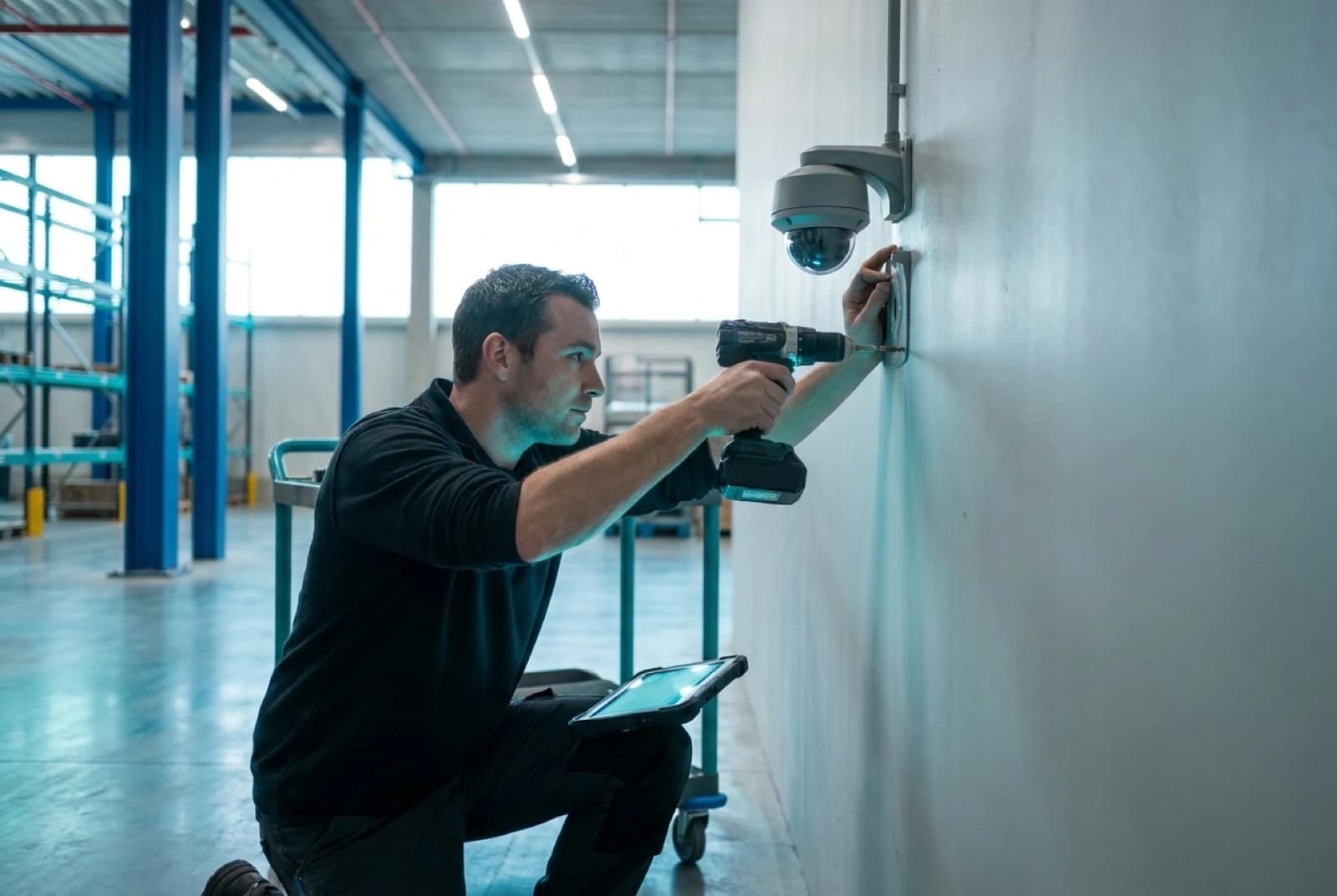 warehouse security cameras installer holding tools and equipment