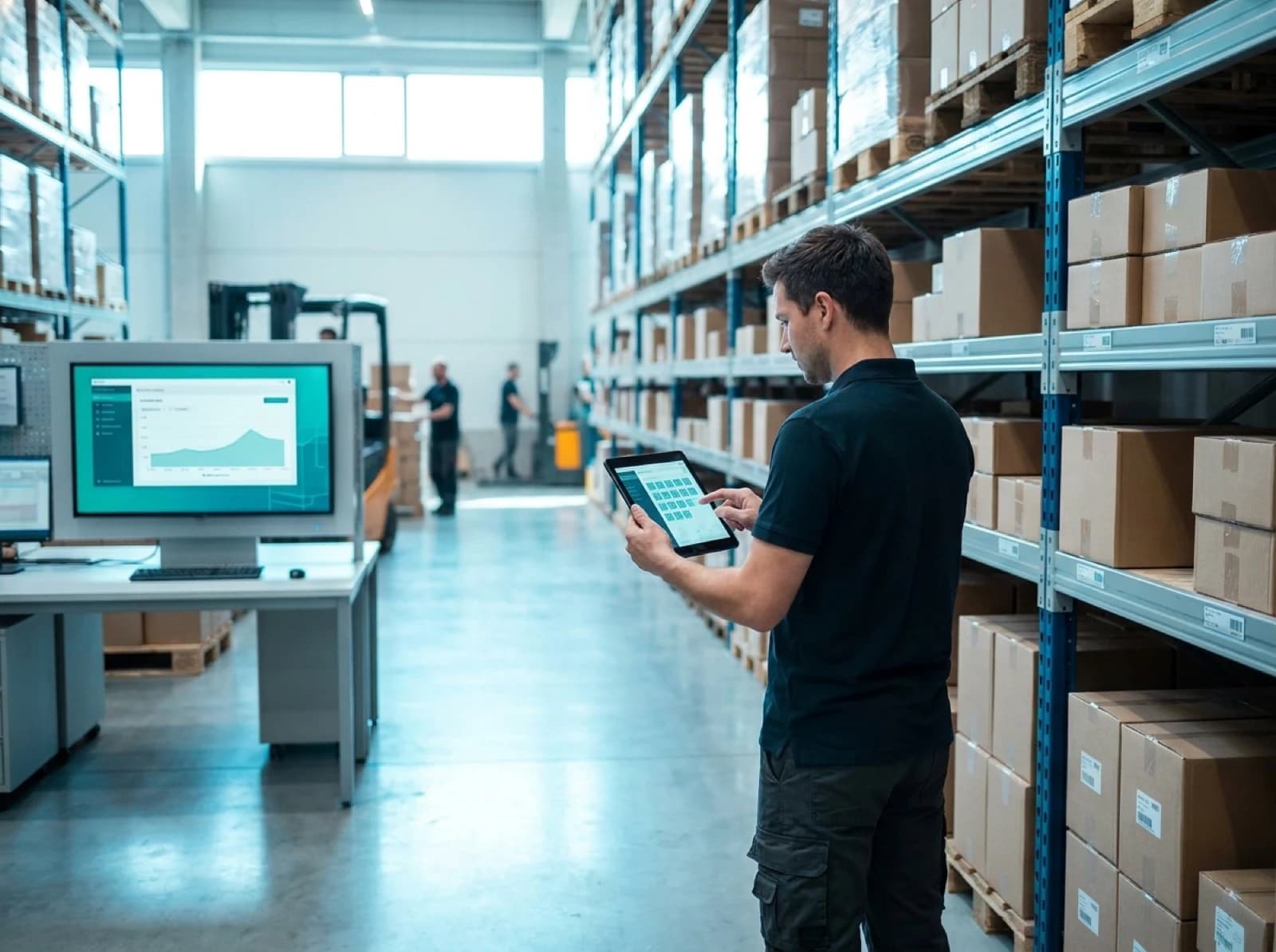 Warehouse worker with tablet managing inventory through connected digital system interface