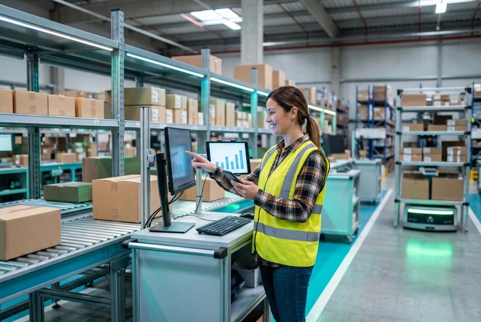 Smiling warehouse worker using smartphone and computer for inventory management