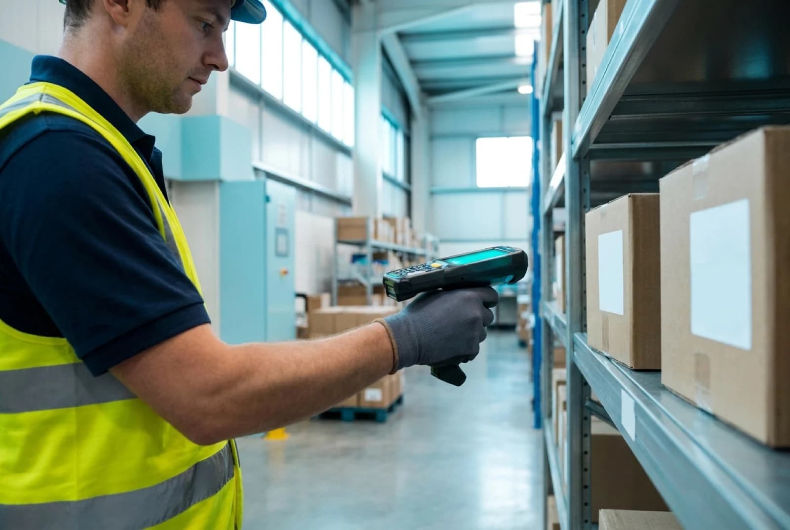 Warehouse worker in high-visibility vest scanning cardboard box with barcode scanner