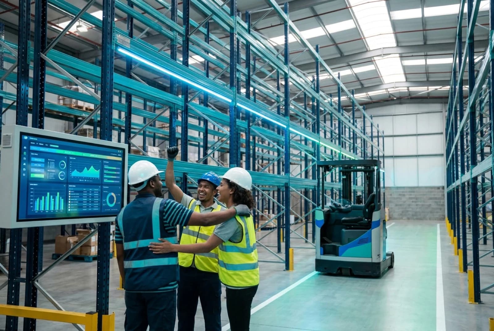 Warehouse workers in safety vests and hard hats celebrating successful WMS implementation
