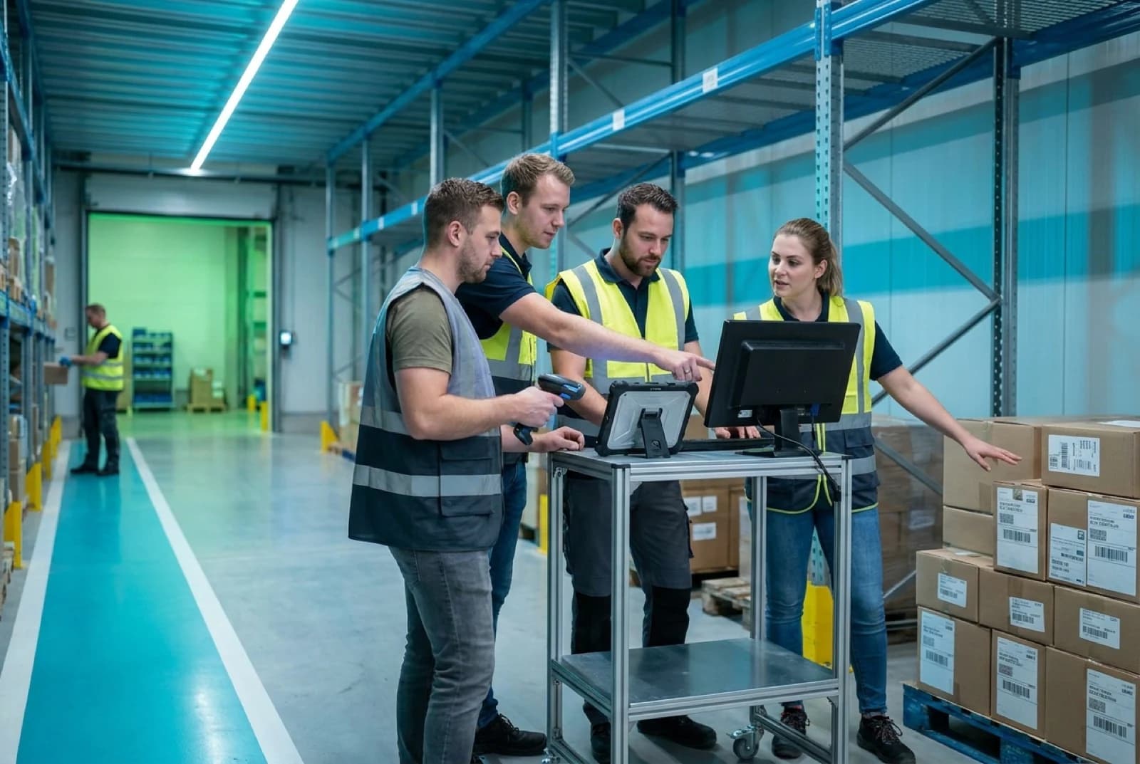 Three warehouse workers in safety vests collaborating on shipping processes using computer systems
