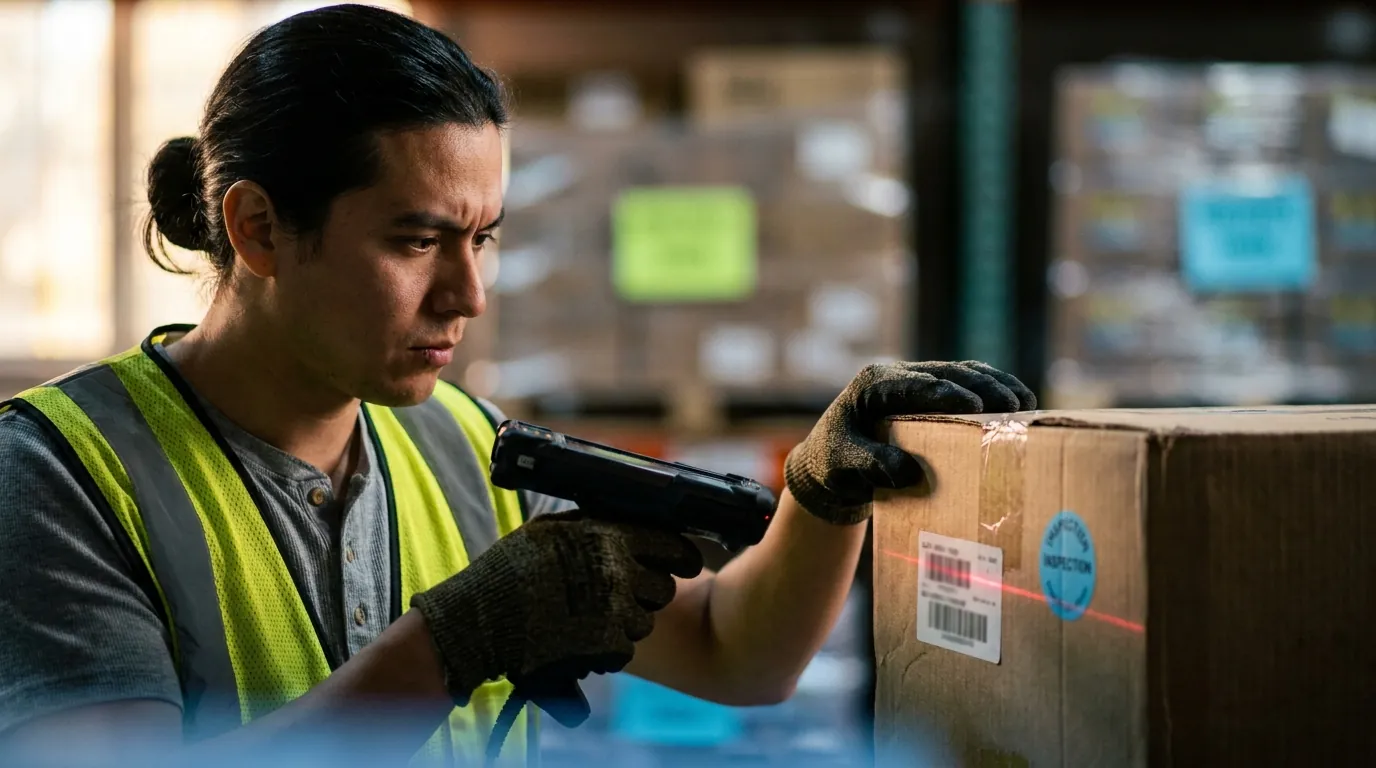 Warehouse worker scanning lot label on supplier carton