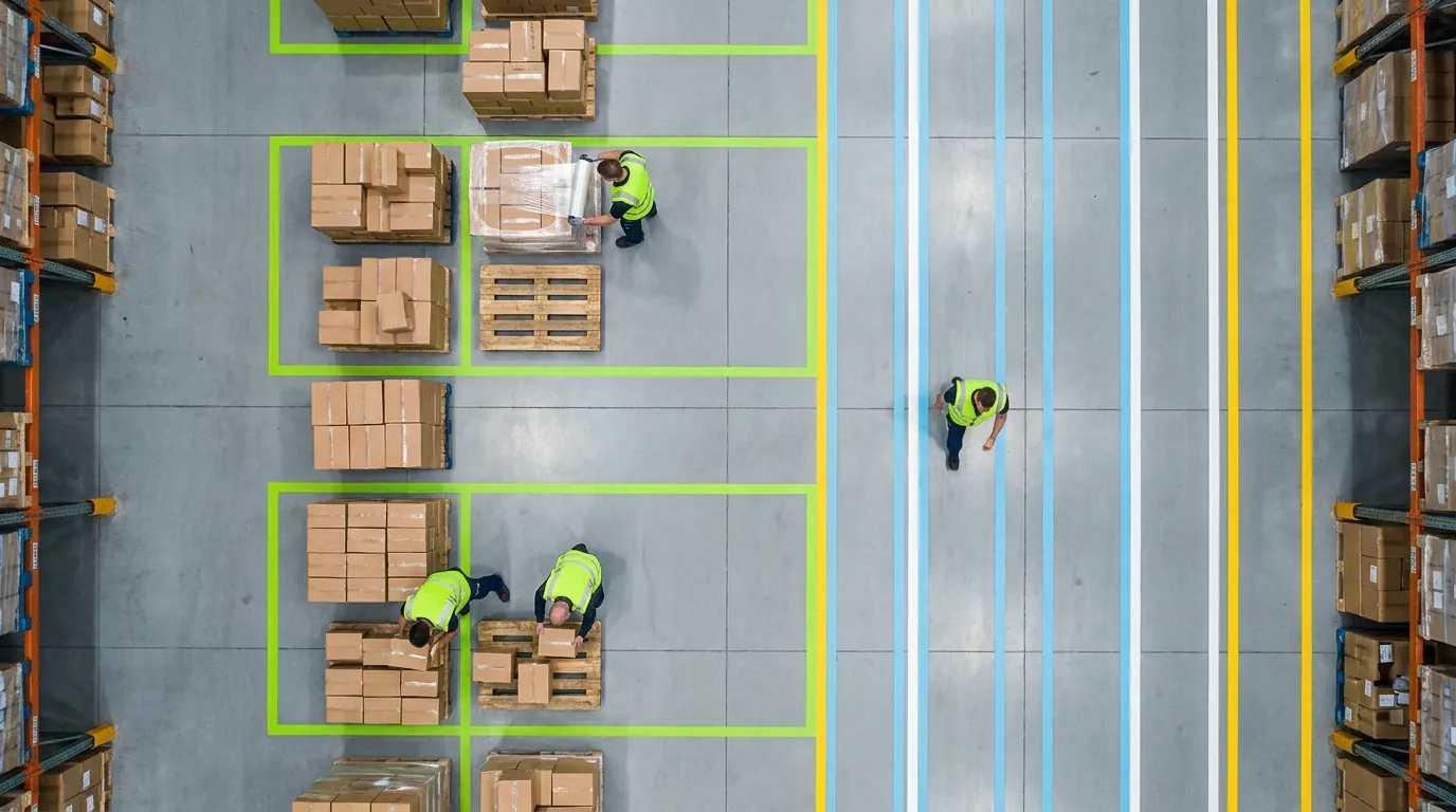 Aerial view of color-coded warehouse zones with pallets