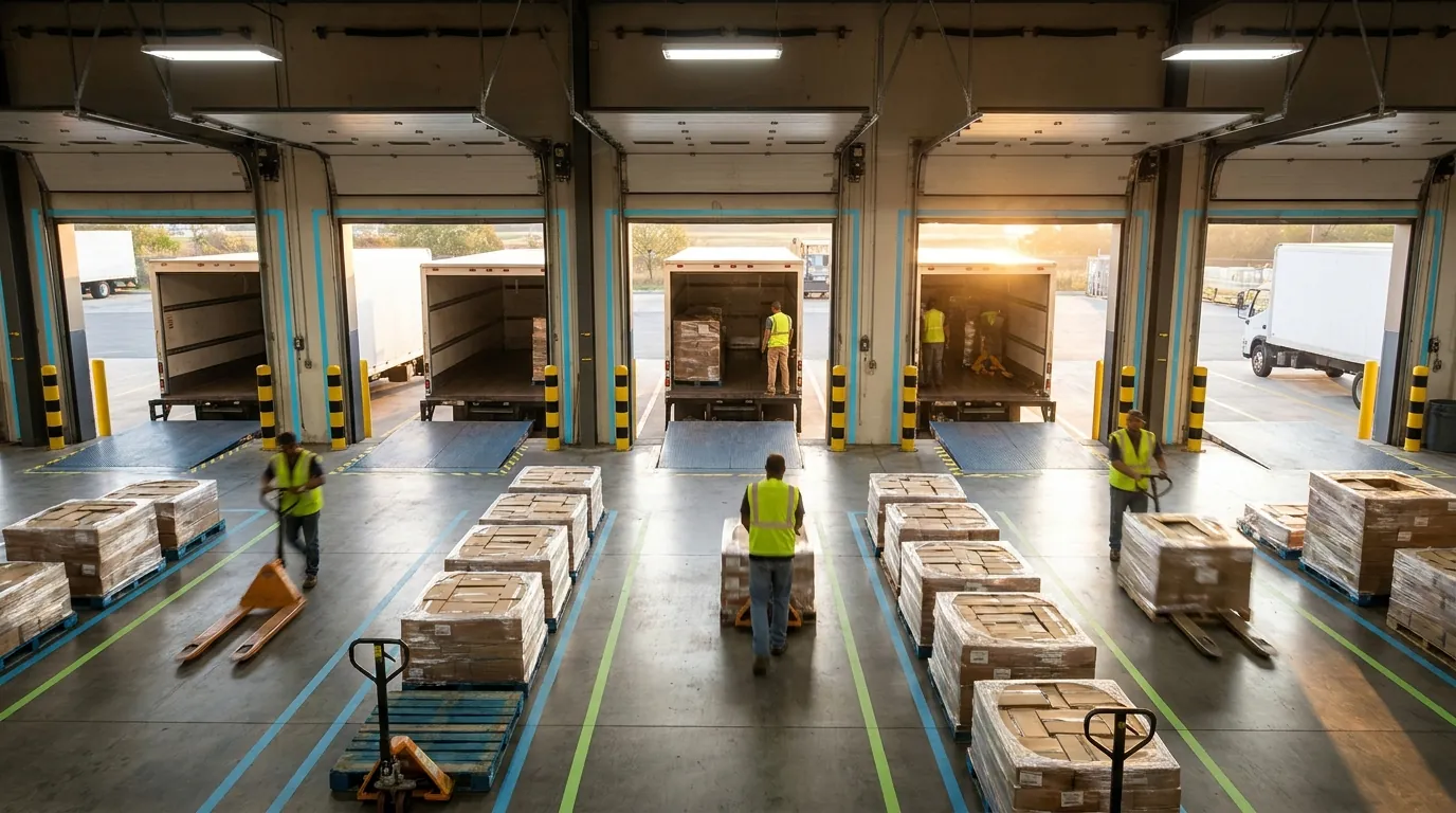 Loading dock with trucks and staged pallets by lot