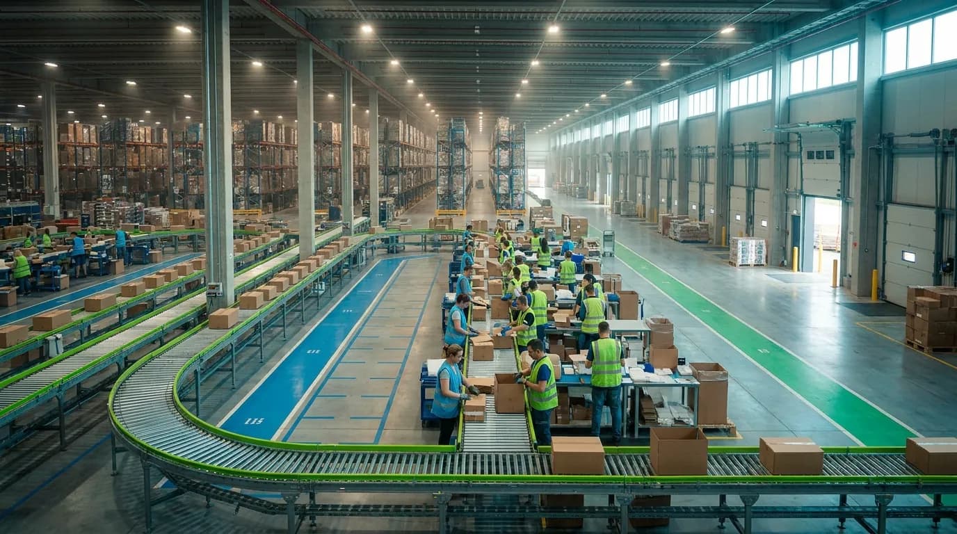 Wide shot of distribution center conveyors and packing stations