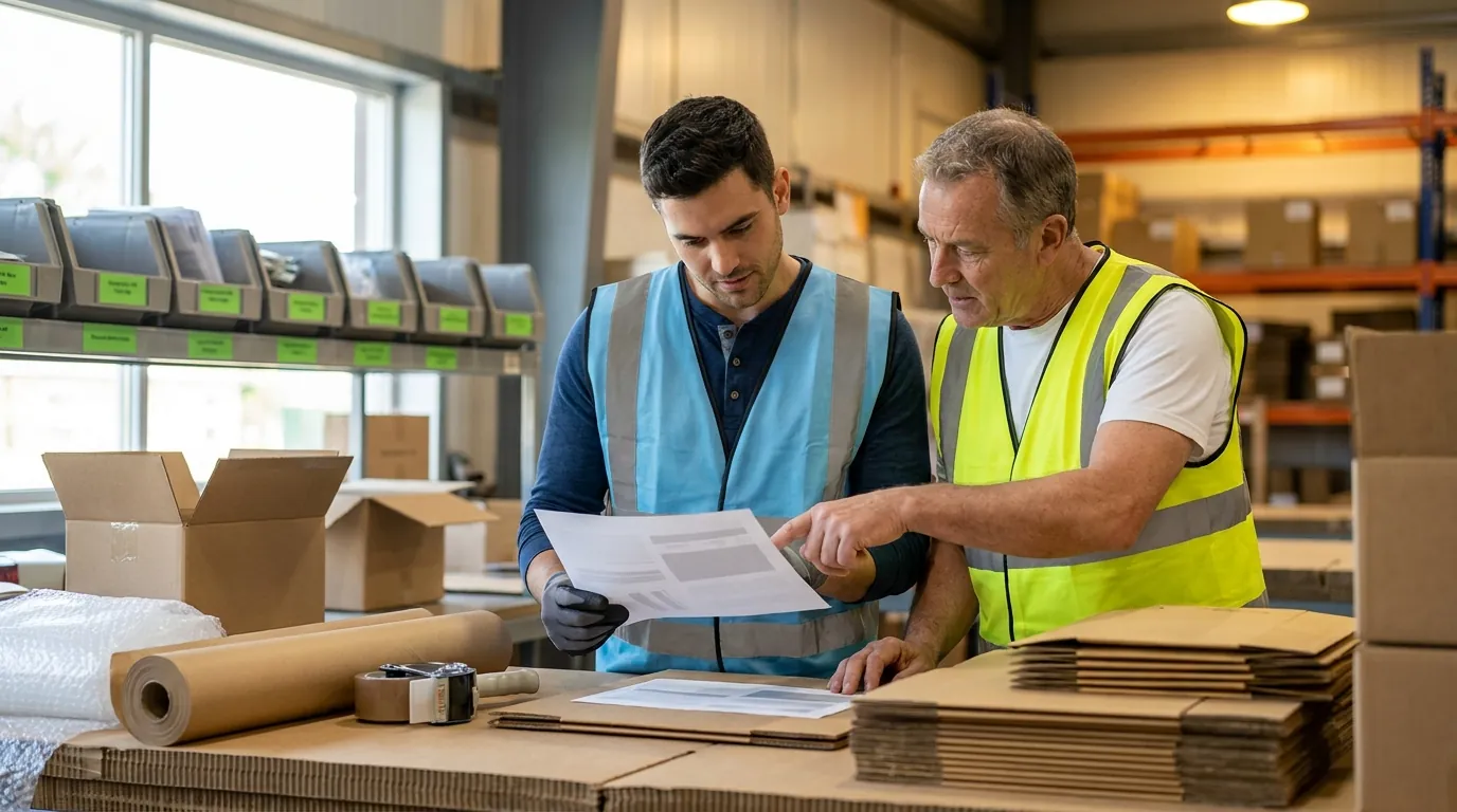 Two warehouse workers reviewing pick list at packing station
