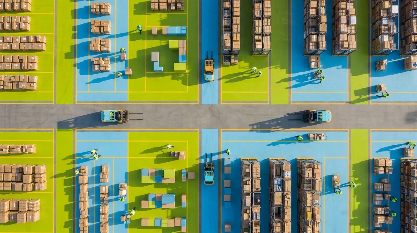 Aerial view of warehouse floor with color-coded zones