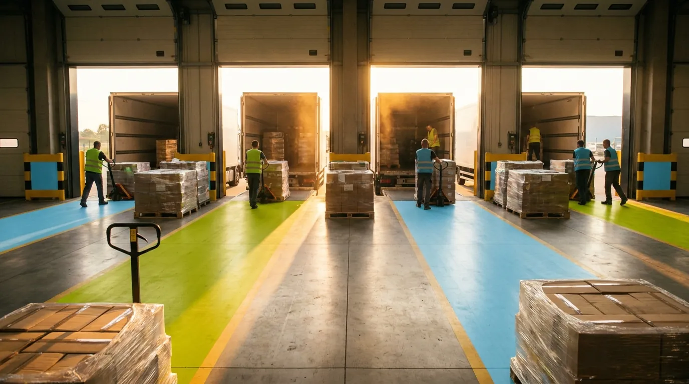 Workers loading pallets onto trucks at warehouse dock