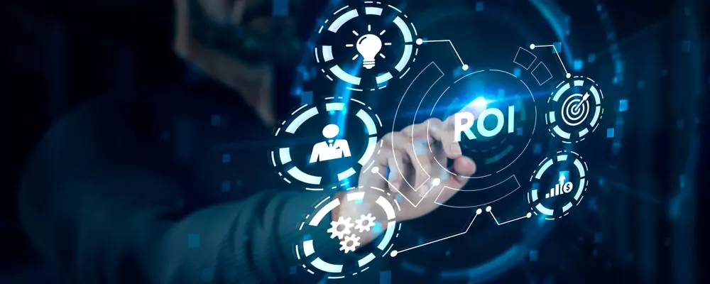 pushing an ROI button with icons surrounding lightbulb, person, and gears