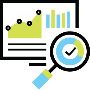 Analytics and reporting dashboard icon with charts, graphs, and magnifying glass