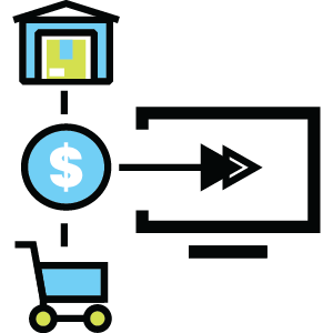 Warehouse inventory and shopping cart workflow icon with dollar sign