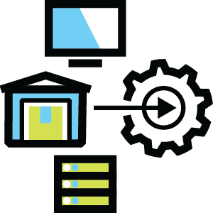Integration workflow icons showing computer monitor, warehouse, gear, and database servers