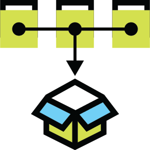 Kitting process icon showing inventory boxes being assembled into single package