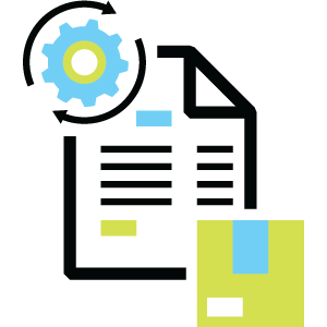 Order processing workflow icon with gear, document, and checklist elements