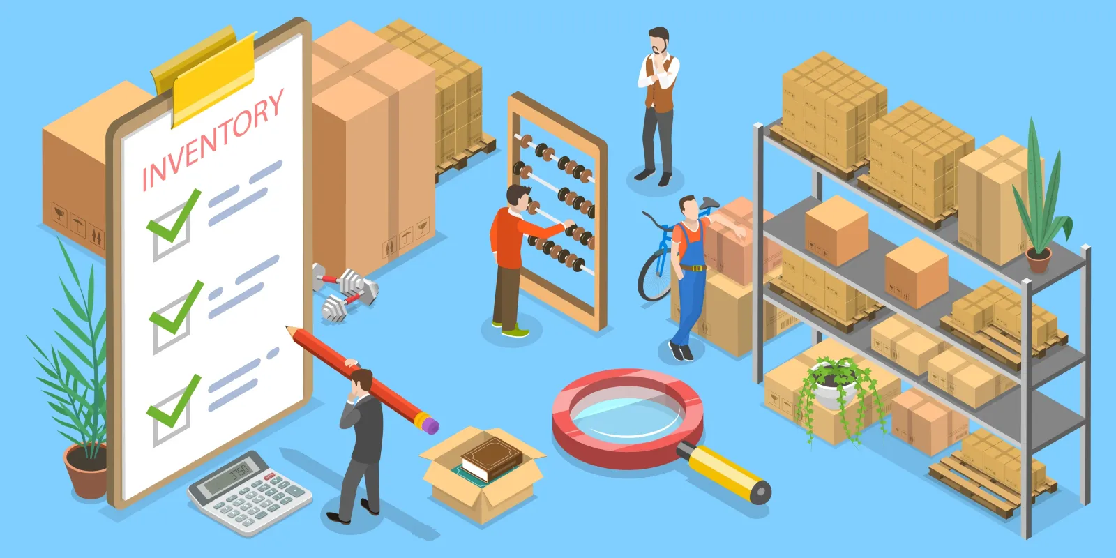 Inventory clip board with check marks, an abecas, and a shelf full of boxes