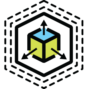 Scalability icon with cube and arrows inside hexagonal framework design