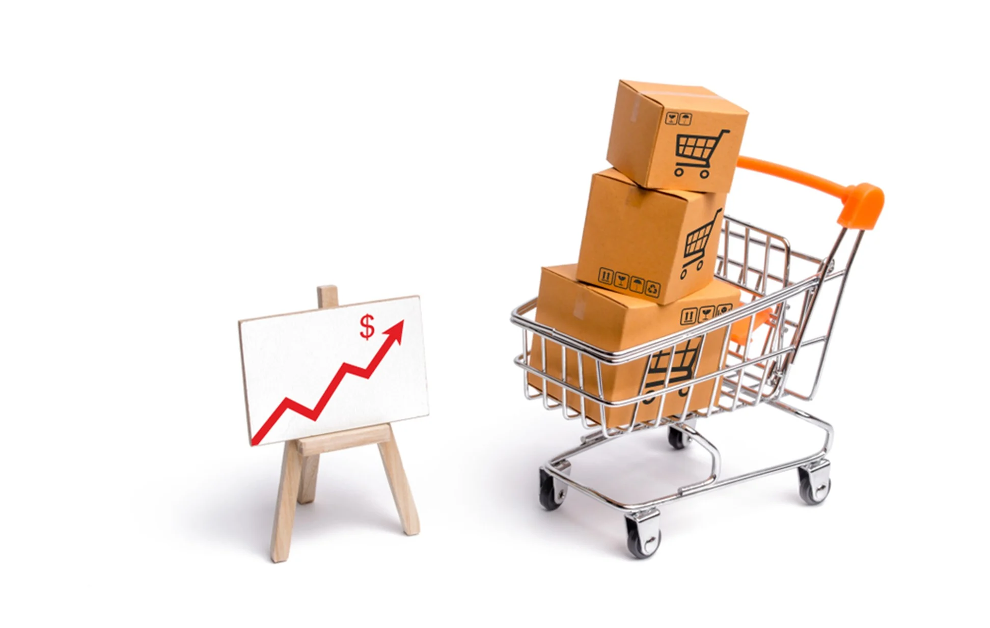 Shopping cart filled with cardboard boxes beside rising dollar sales growth chart