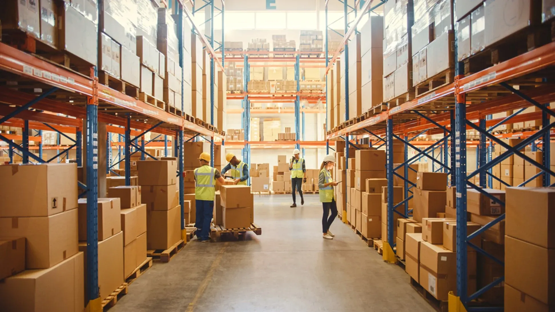 Warehouse workers in safety vests picking orders among tall storage racks filled with boxes