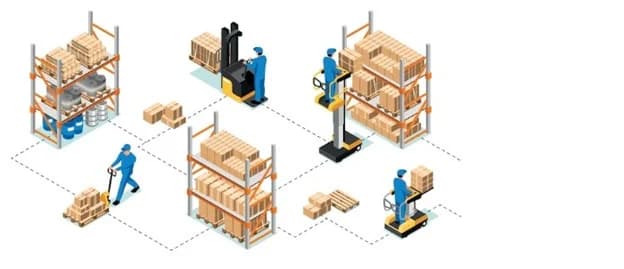 Warehouse workers operating forklifts and pallet jacks managing Amazon fulfillment inventory on shelves