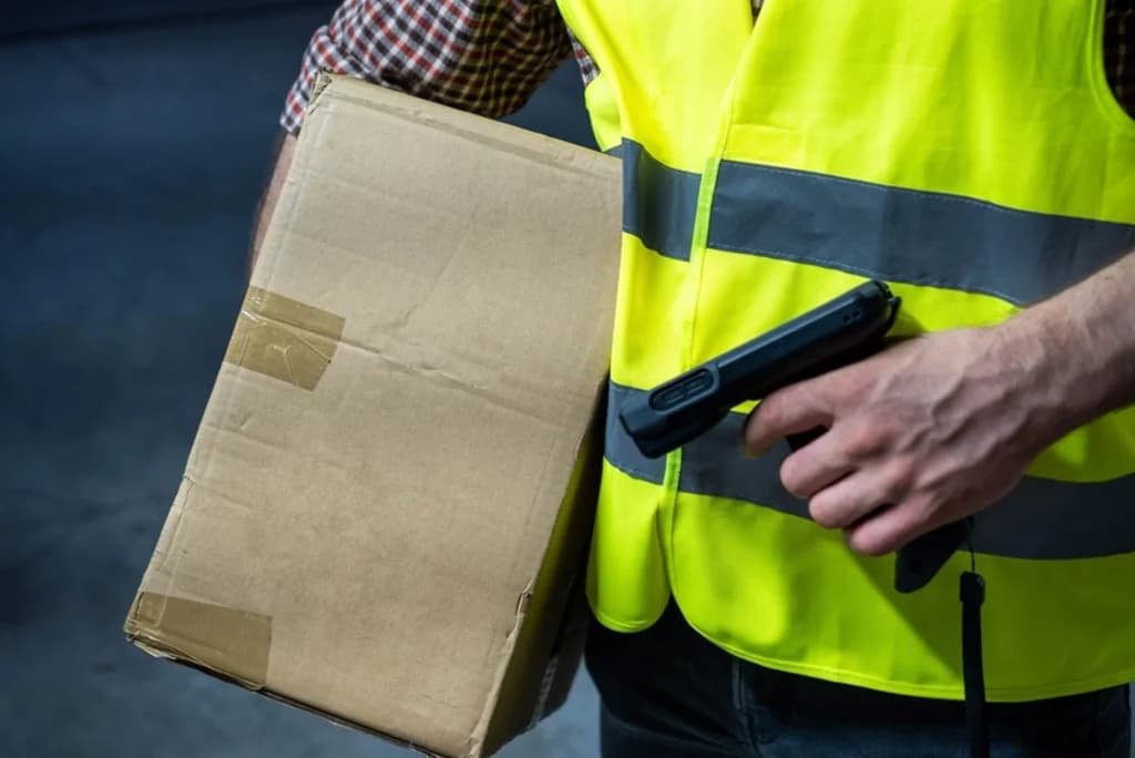 Warehouse worker in high-visibility vest scanning cardboard box with barcode scanner