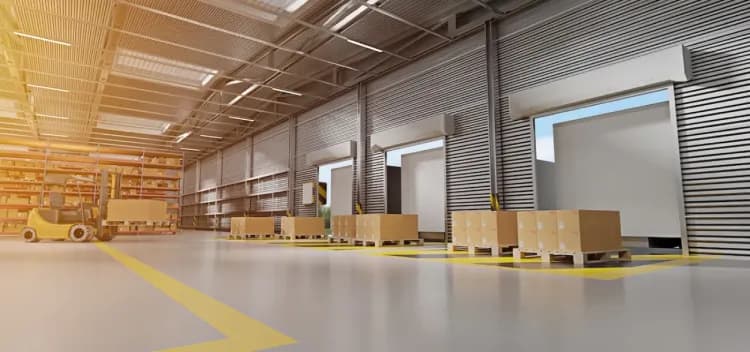 forklift with a pallet at a warehouse loading dock