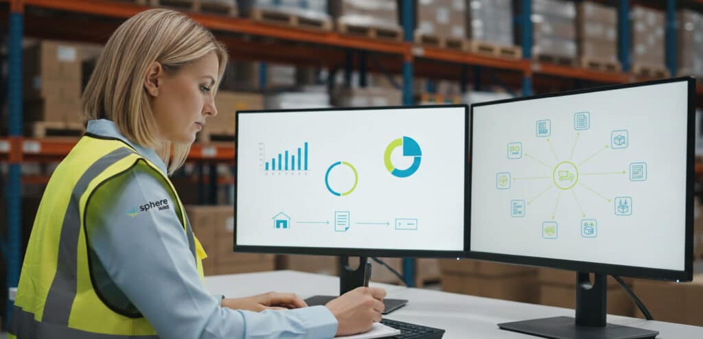 Woman in safety vest analyzing data on dual monitors in warehouse