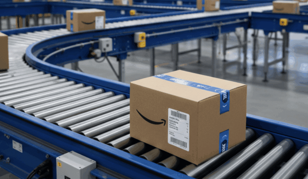 Amazon package on blue roller conveyor system in warehouse fulfillment center