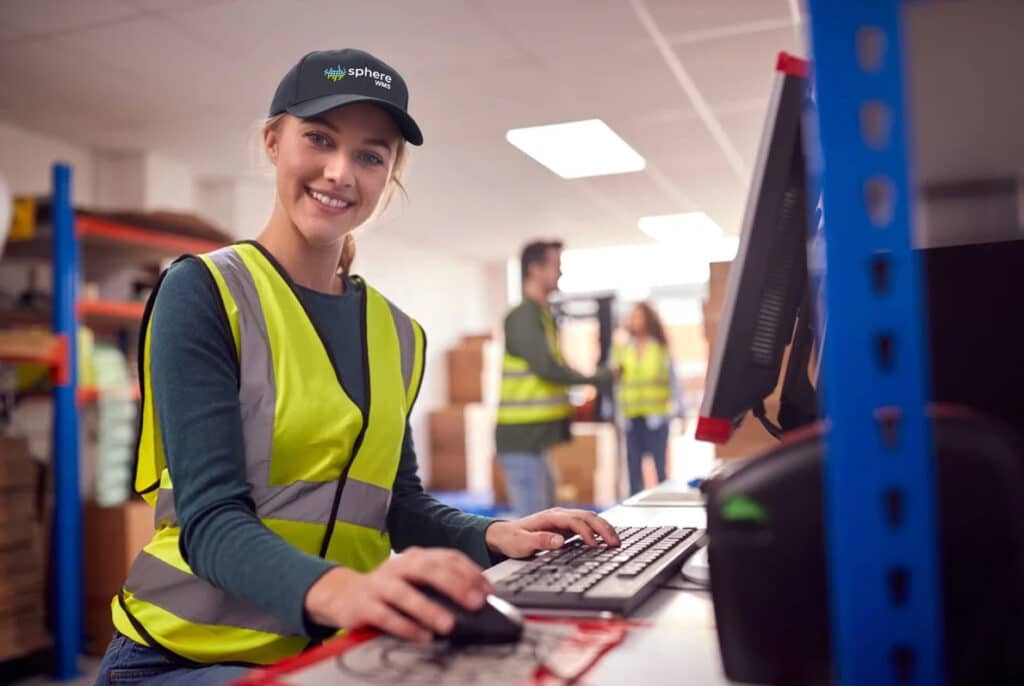 Woman in safety vest and hat using computer in warehouse setting