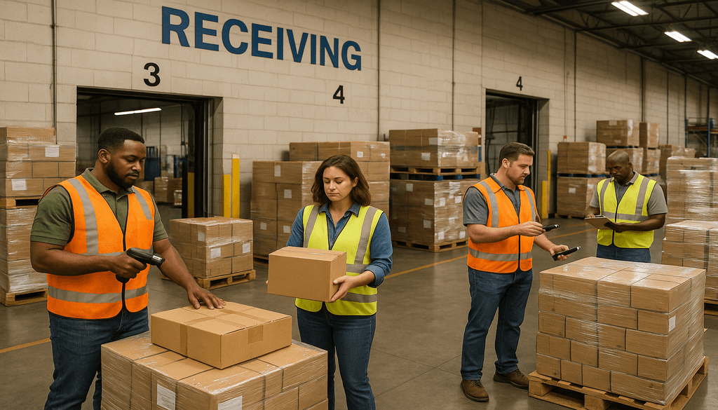 Warehouse workers in safety vests scanning packages in 3PL logistics receiving area