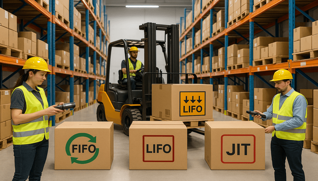 Warehouse workers managing FIFO, LIFO and JIT inventory control models with labeled boxes