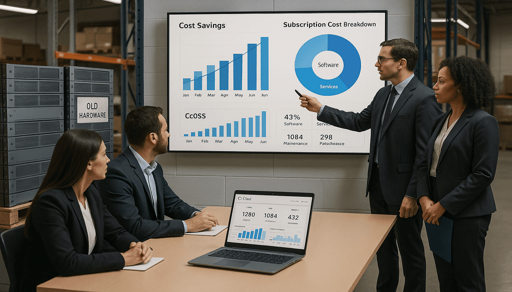 Business professionals presenting cloud-based WMS cost savings data and analytics charts in warehouse meeting