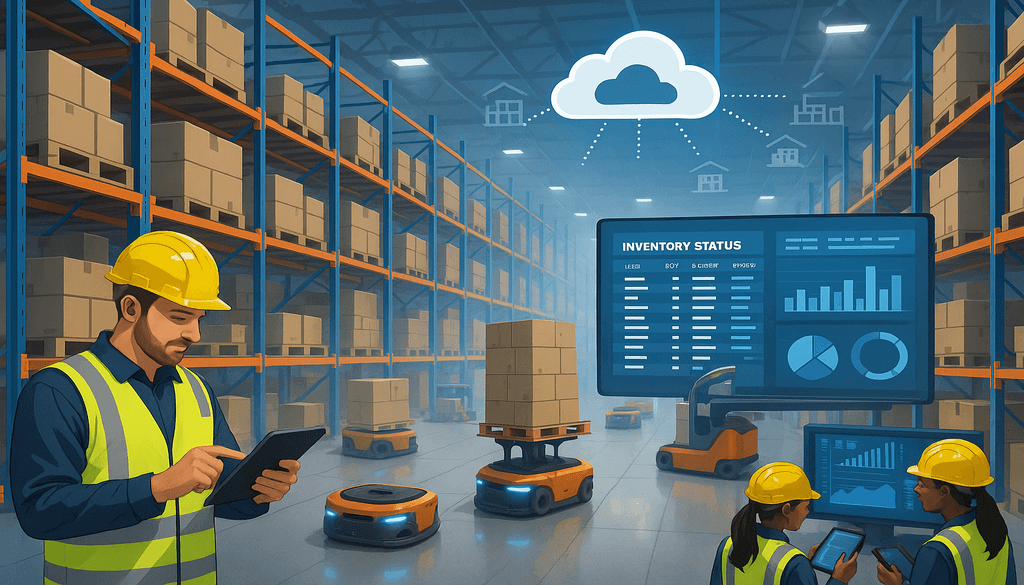 Warehouse workers using cloud-based WMS technology with automated robots and digital inventory dashboard