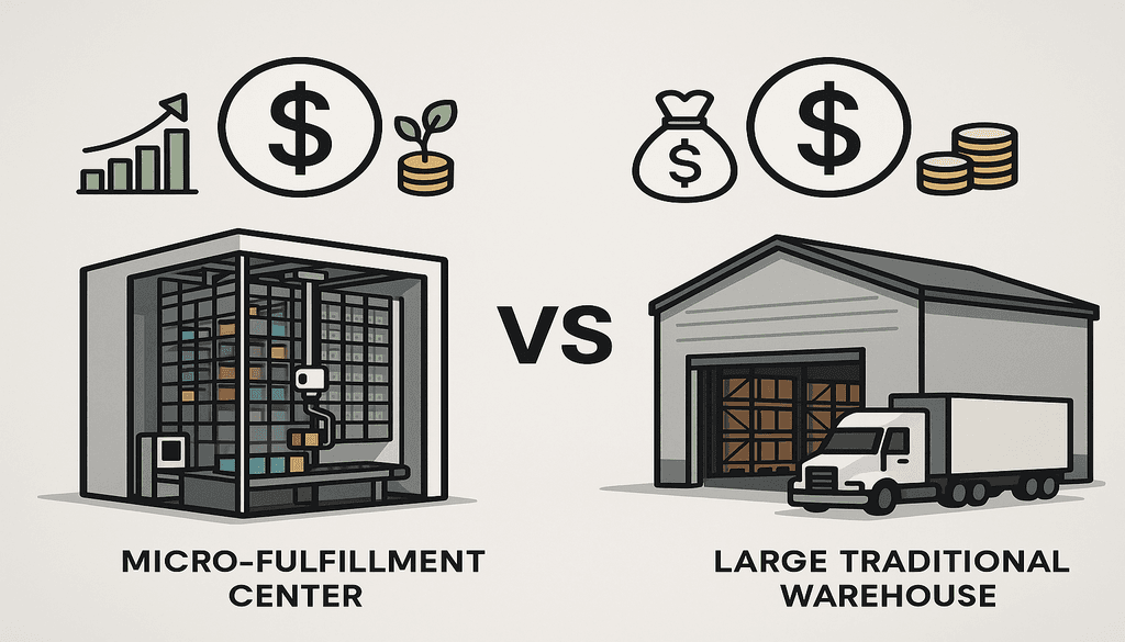 Comparison illustration showing micro-fulfillment center versus large traditional warehouse with cost and growth icons