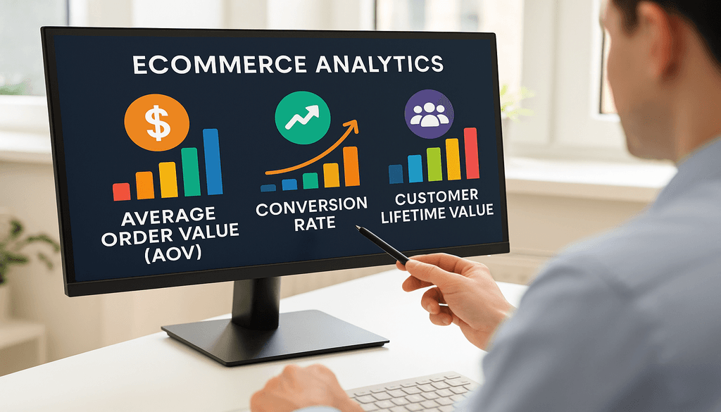Person analyzing ecommerce analytics dashboard showing AOV, conversion rate, and customer lifetime value metrics
