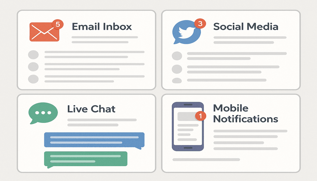 Four e-commerce communication channels showing email inbox, social media, live chat, and mobile notifications