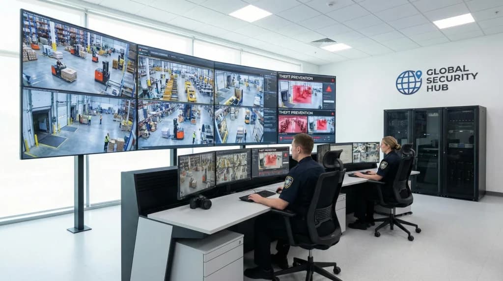 Security monitoring station with multiple screens showing warehouse surveillance and theft prevention