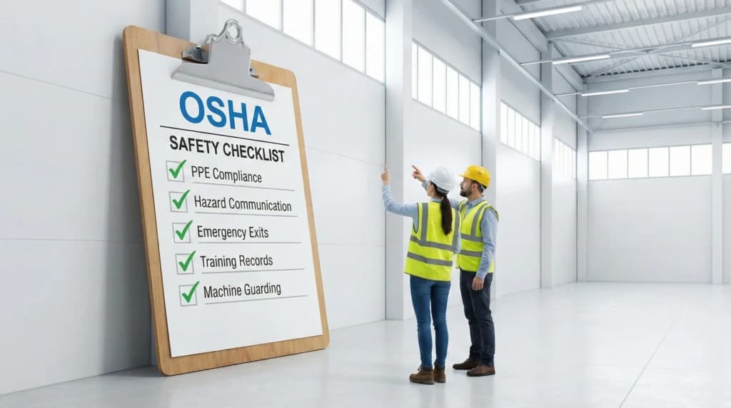 Two safety inspectors reviewing OSHA warehouse safety checklist with completed compliance items