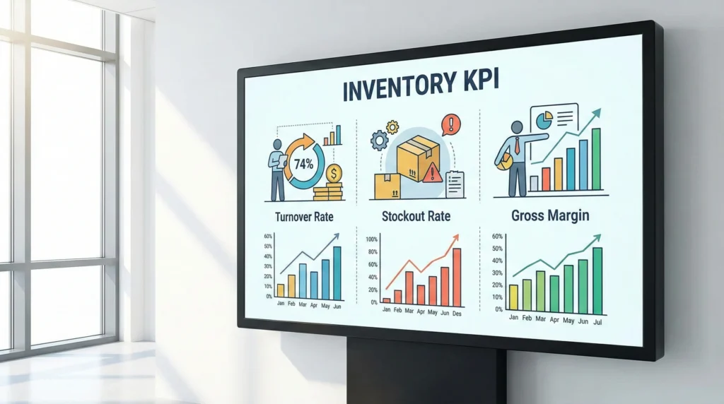 Dashboard displaying inventory KPI metrics including turnover rate, stockout rate, and gross margin charts