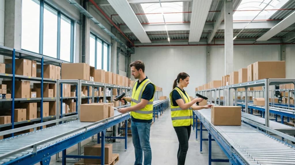 illustration of two workers performing warehouse order fulfillment scanning